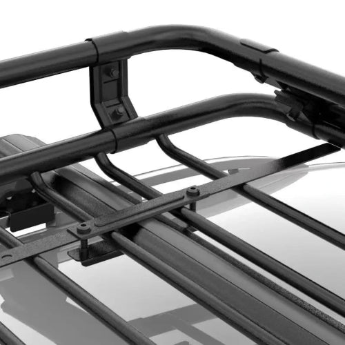 Alloy AO narrow roof cargo basket frame detail showing alloy steel construction and mounting brackets attached to roof rack bars
