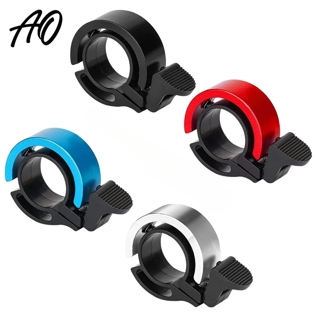 Four Q-shaped AO bicycle bells in black, red, blue, and silver colors displayed on white background