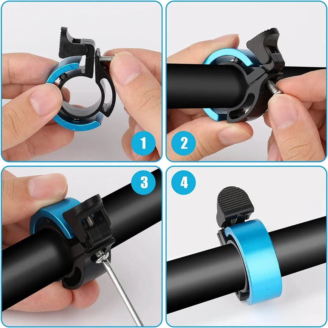 Step-by-step installation instructions showing how to attach a blue Q-shaped bell to handlebars