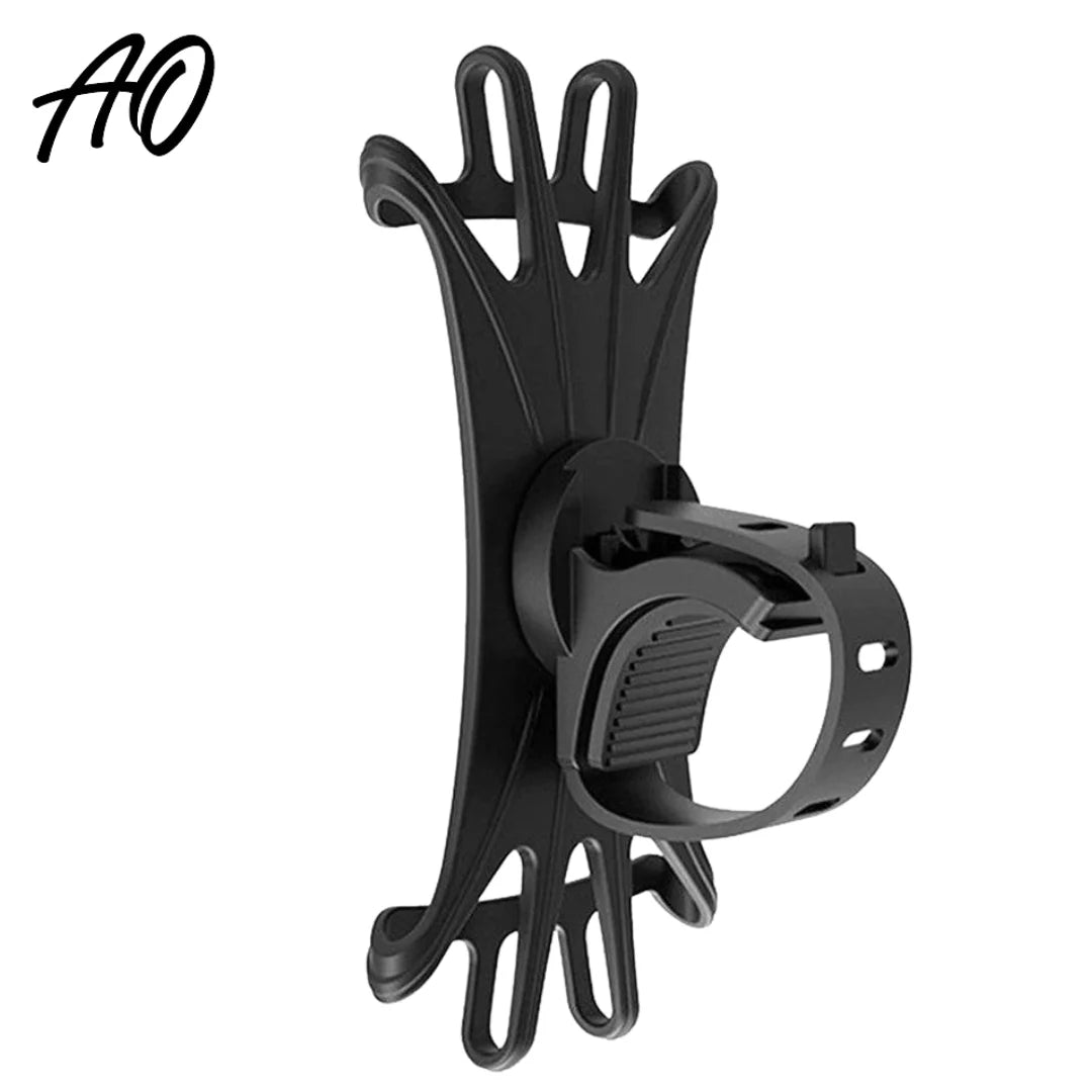 Black AO silicone bike phone mount with adjustable strap displayed on white background