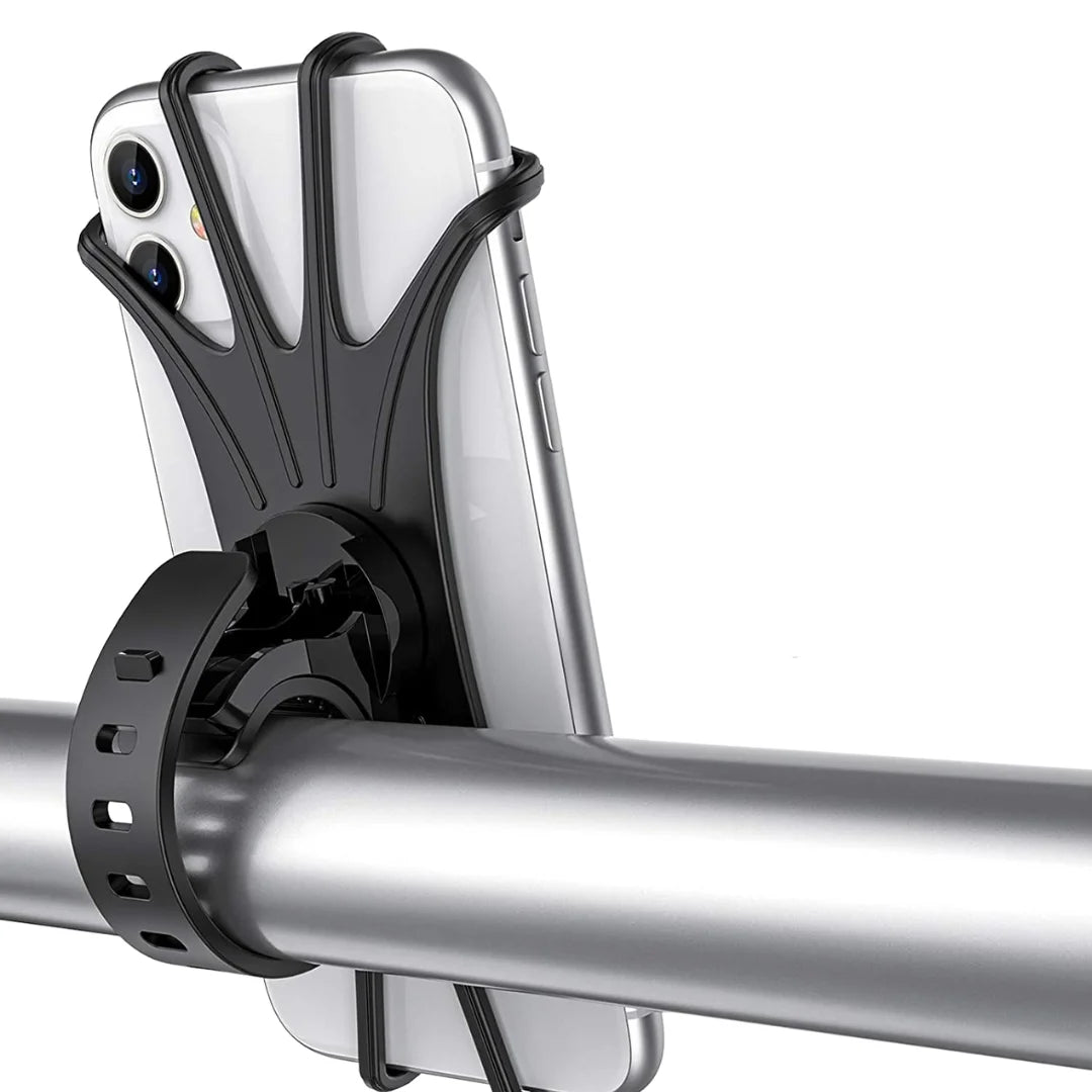 Close-up of AO phone mount securely gripping a handlebar with silicone bands