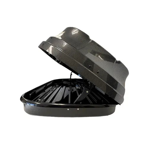 Carbon fiber finish roof cargo box open from side with hinge system and secure latch mechanism