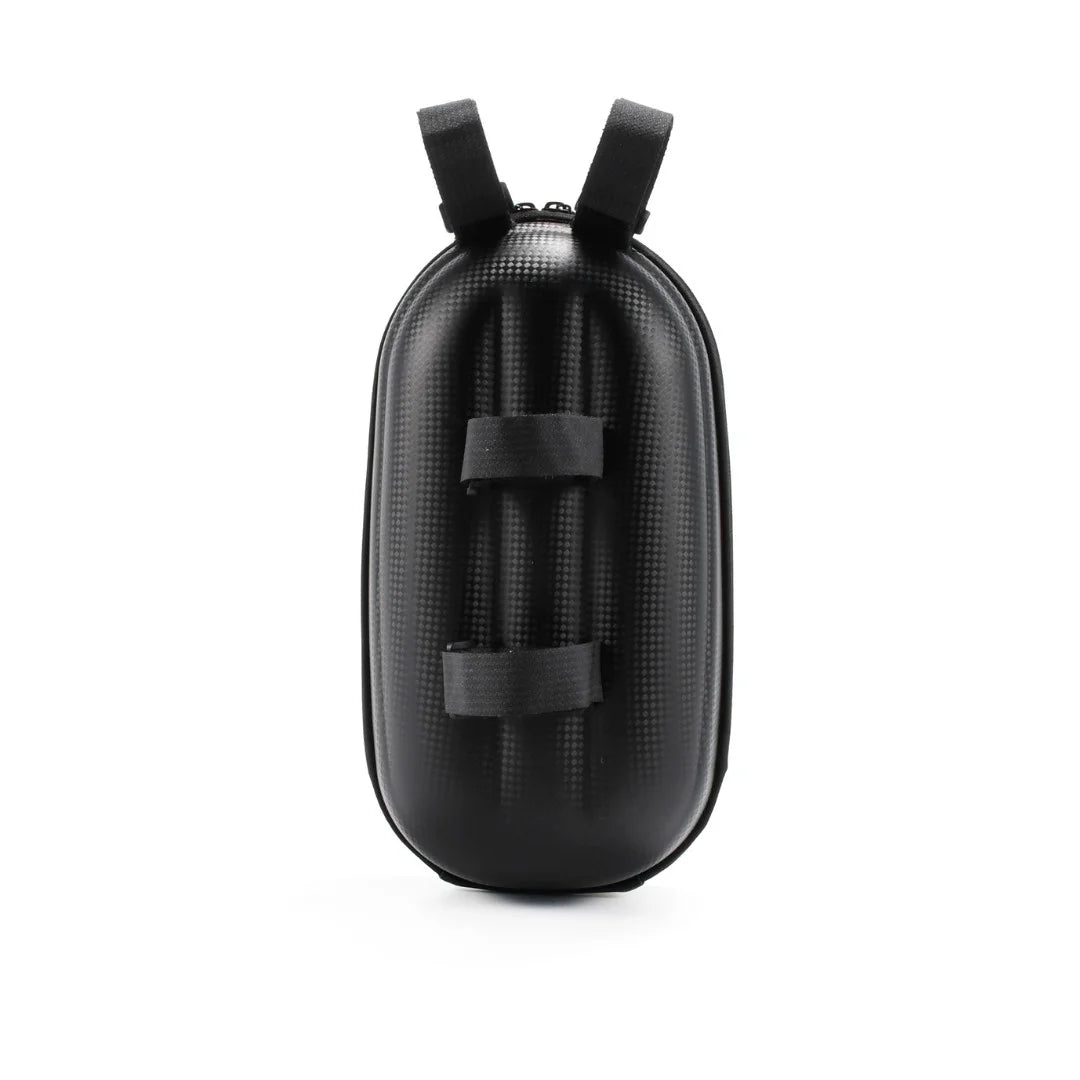 Black hard-shell e-scooter or bike storage bag shown from rear view highlighting attachment straps