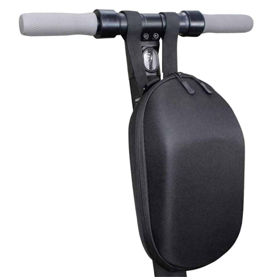 Black hard-shell handlebar storage bag mounted on an e-scooter