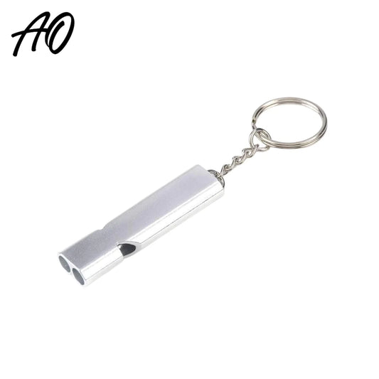 Silver AO emergency survival whistle keychain on white background with AO logo