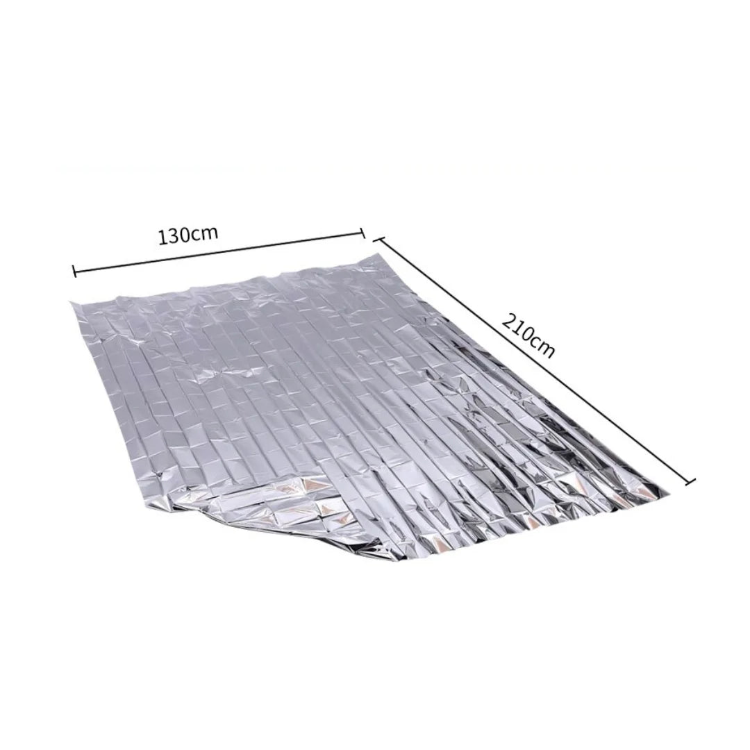 Unfolded emergency thermal blanket laid flat with dimensions labeled