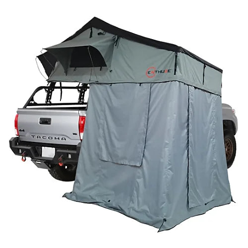 Enthuze Annex Room attached to a 4-person rooftop tent on a truck, featuring 420D ripstop walls and side entry door.