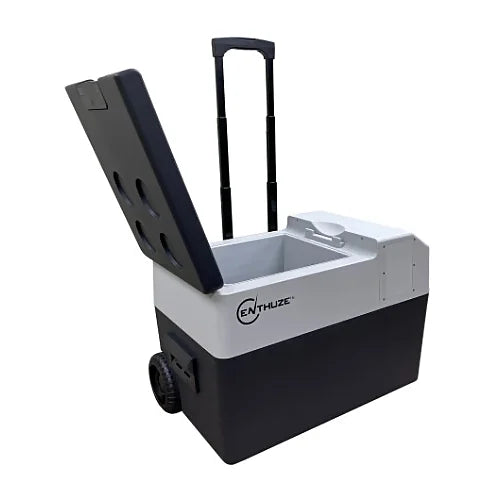 Enthuze Portable Refrigerator 50L with retractable handle extended and lid open