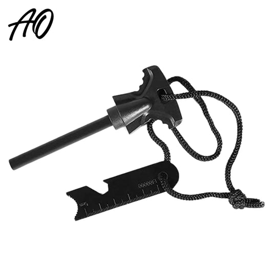 AO black flint rod with paracord and multifunction scraper lying flat on white background.