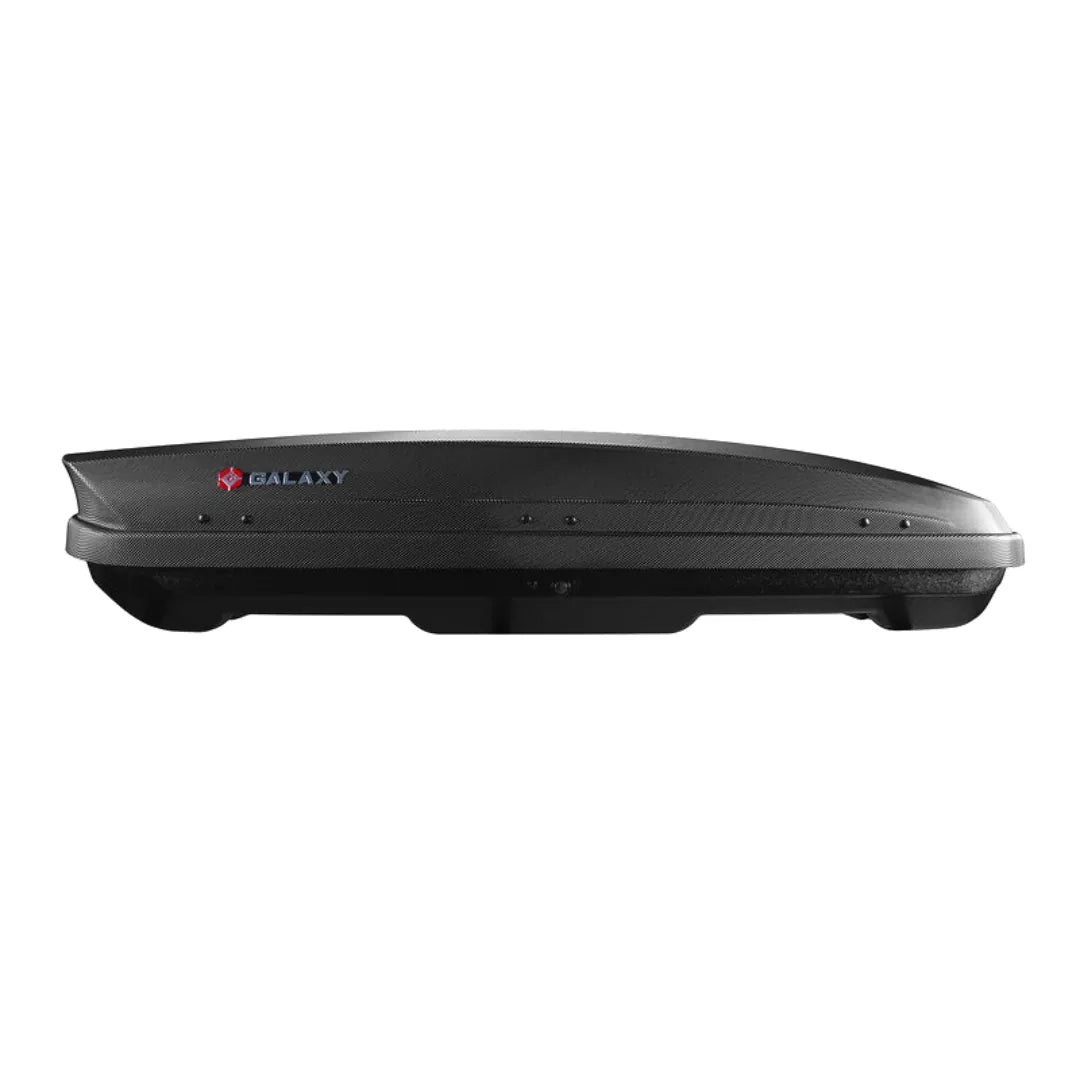 Side view of Galaxy rooftop cargo box with branding on white background