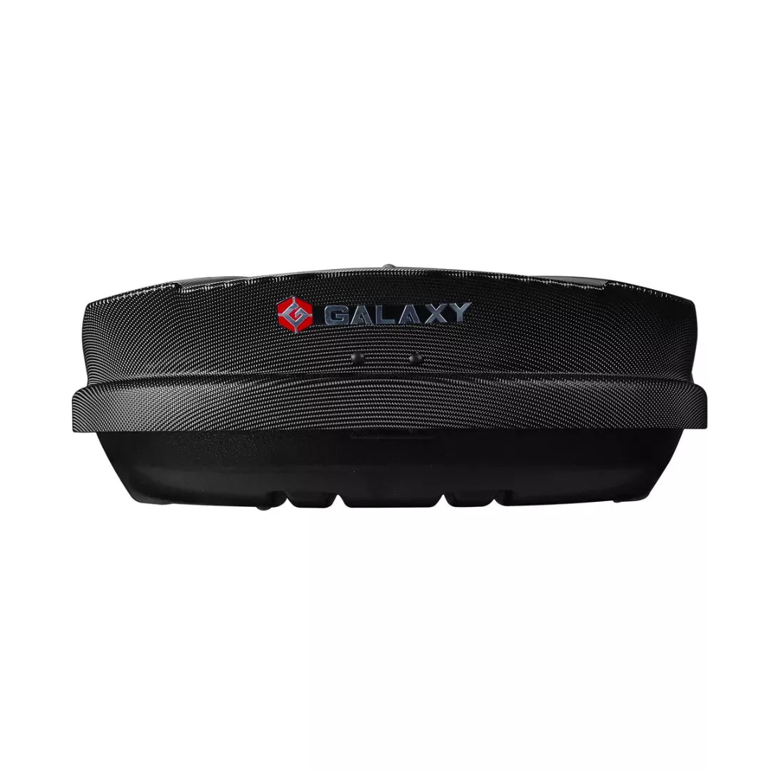 Rear view of Galaxy rooftop cargo box with red Galaxy branding