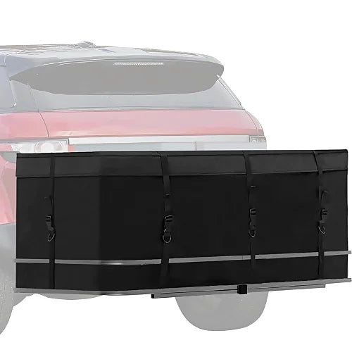 Hitch carrier bag showcasing all-weather protection from snow to sand