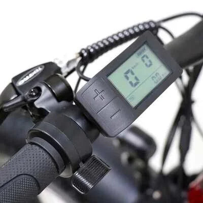Close-up of the iGO eXtreme 3.0 handlebar-mounted digital LCD display showing pedal assist level and speed.