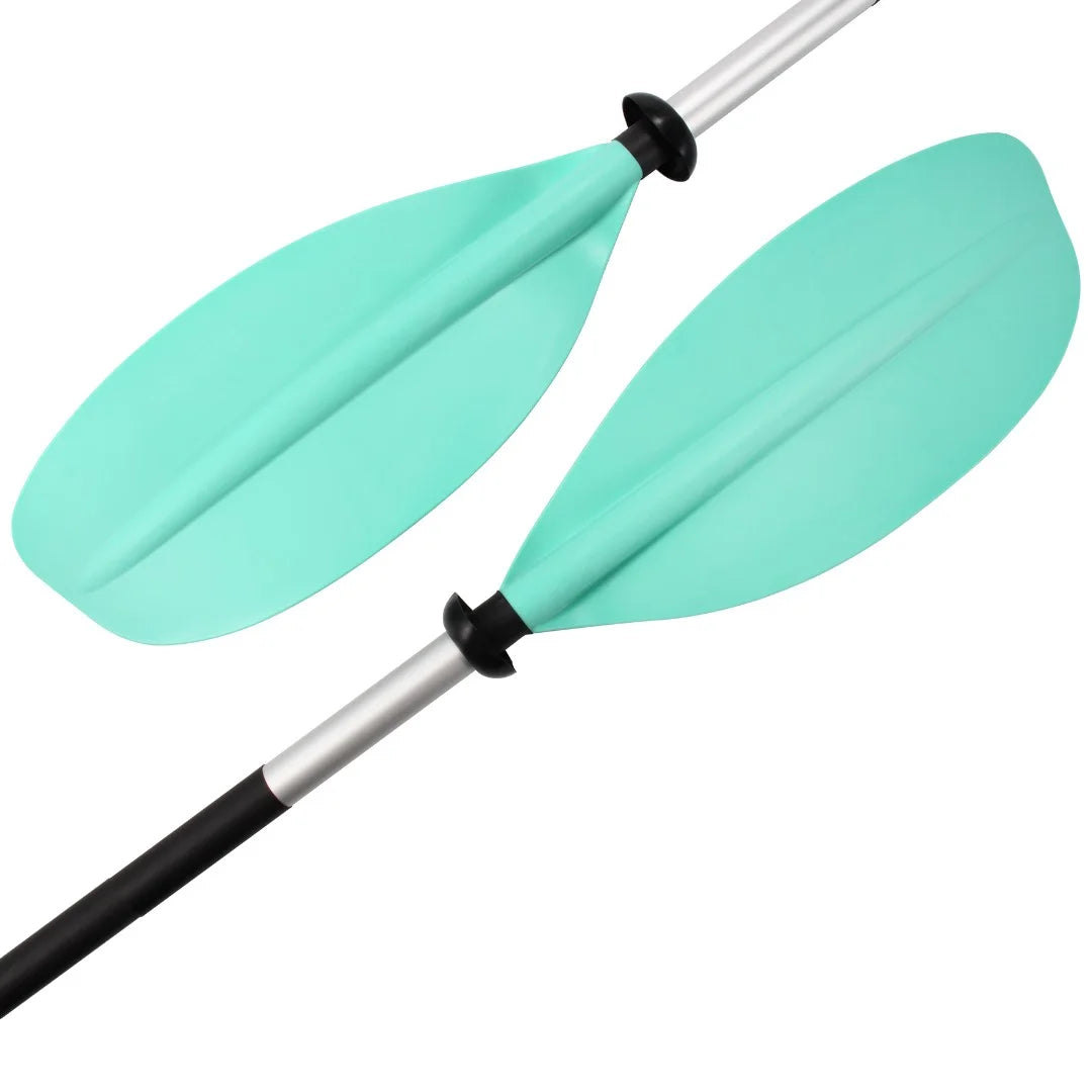 Close-up of teal Adventure Outdoors kayak paddle blades with silver and black shaft