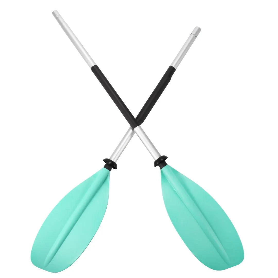 Two Adventure Outdoors kayak paddles crossed, showing teal blades and adjustable shafts