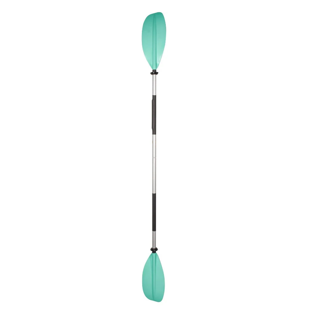 Adventure Outdoors kayak paddle shown fully assembled from top-down view, highlighting teal blades
