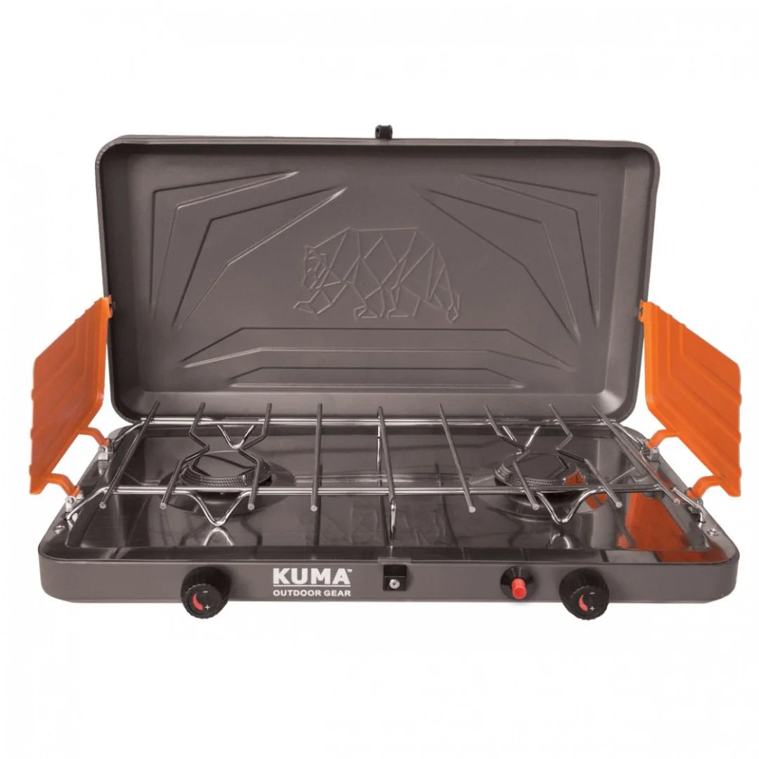 Front view of Kuma Deluxe 2-Burner Propane Stove with lid open and orange windscreen