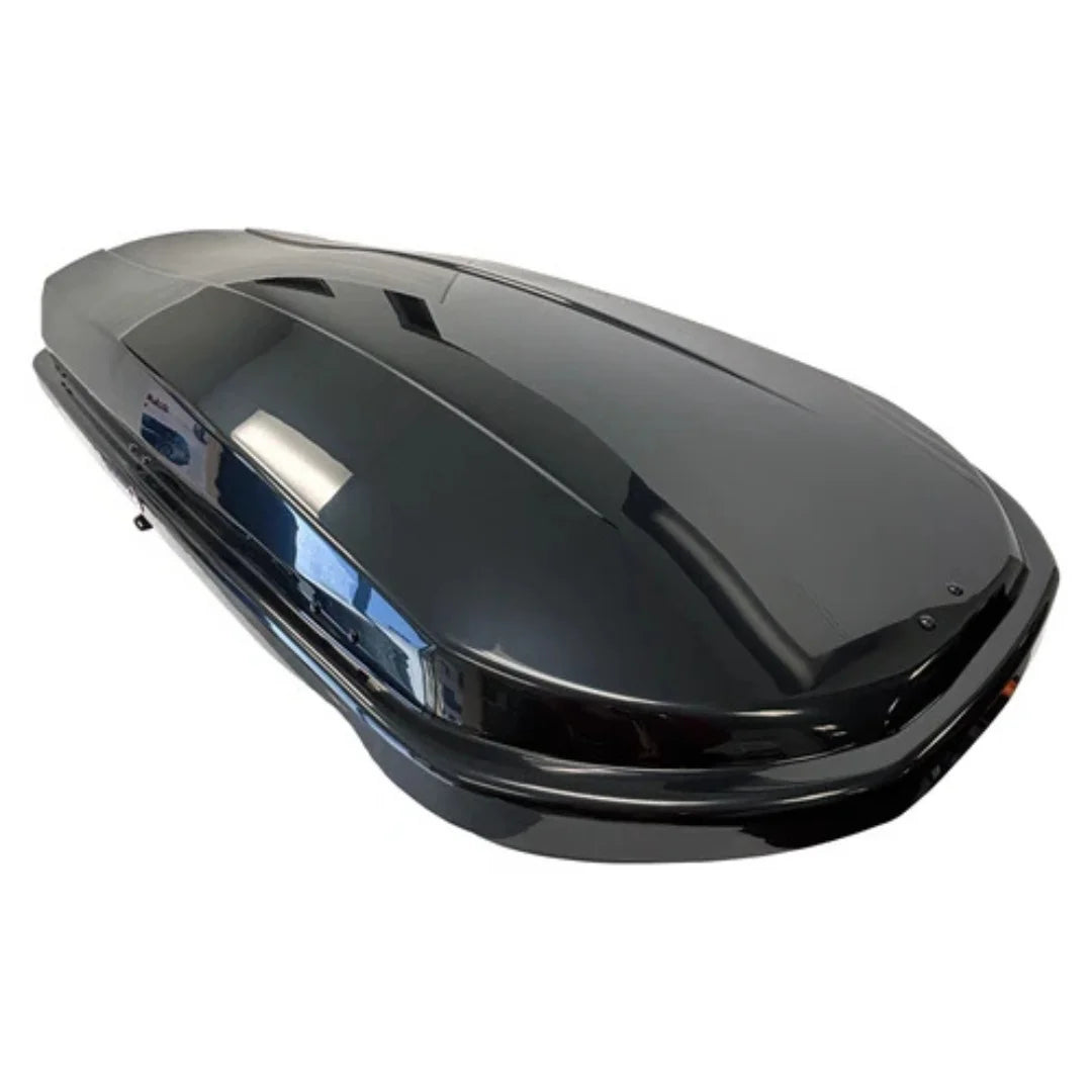 Large Low Profile Long Alpine Cargo Box closed top view showcasing aerodynamic glossy black finish for roof rack installation