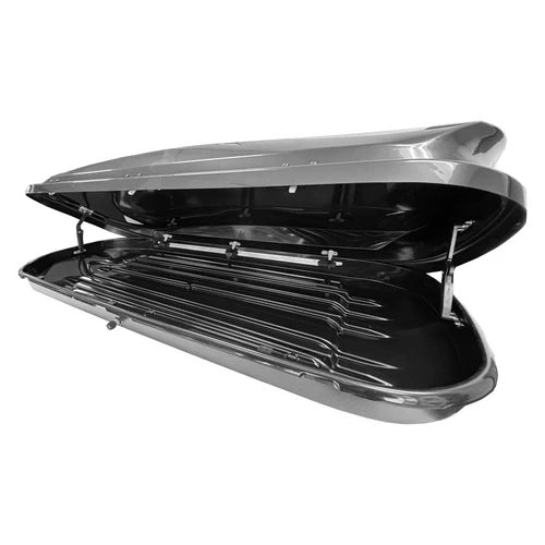 Large alpine rooftop cargo carrier fully open with spacious long interior for skis and snowboards