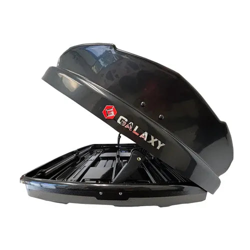 Stylish rooftop cargo box low profile aerodynamic design angled view
