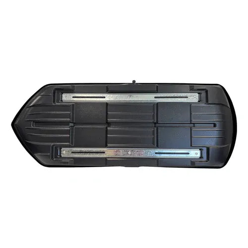 Underside of rooftop cargo box with mounting tracks and clamps