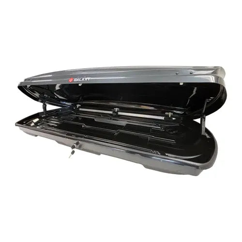 Large rooftop cargo box open front view with dual opening lid