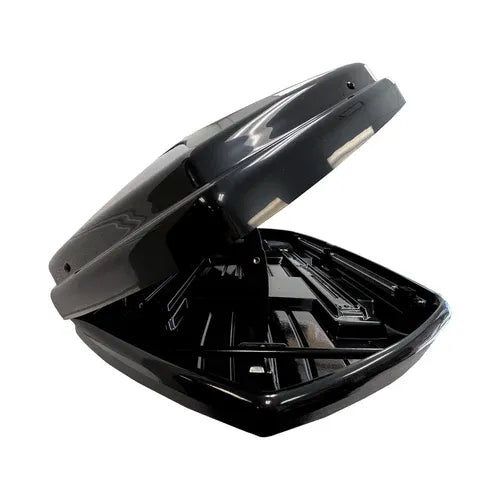 Low profile rooftop cargo box open angled view with spacious interior