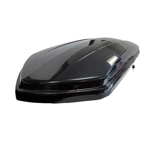 Rear angled view of sleek aerodynamic rooftop cargo box closed