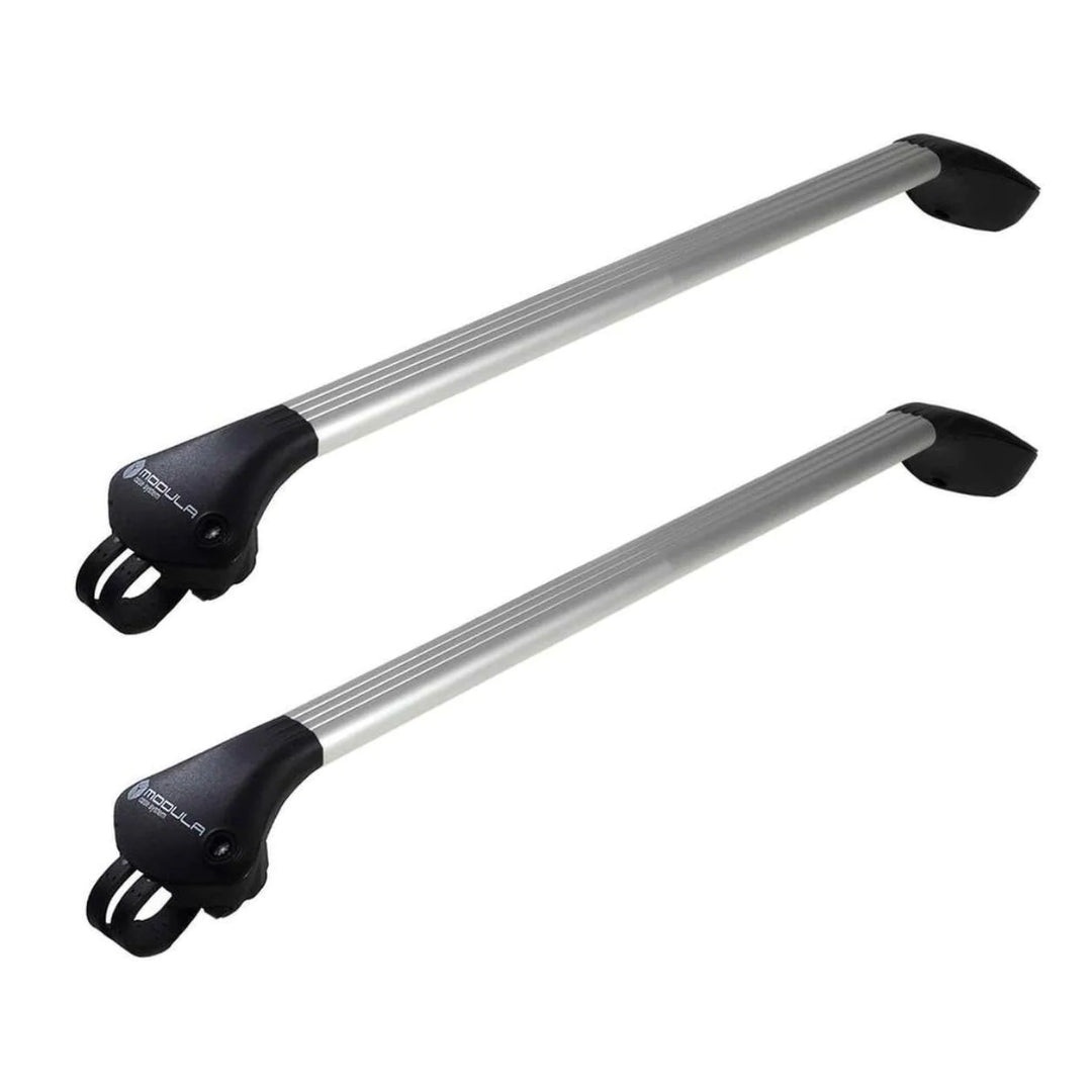 Pair of silver crossbars with black mounting feet for universal roof rack fit.