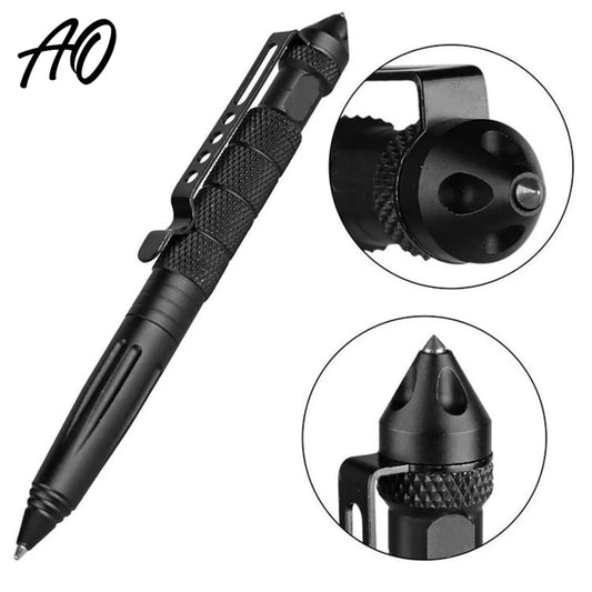 Black tactical pen with pocket clip and pointed glass breaker tip on white background
