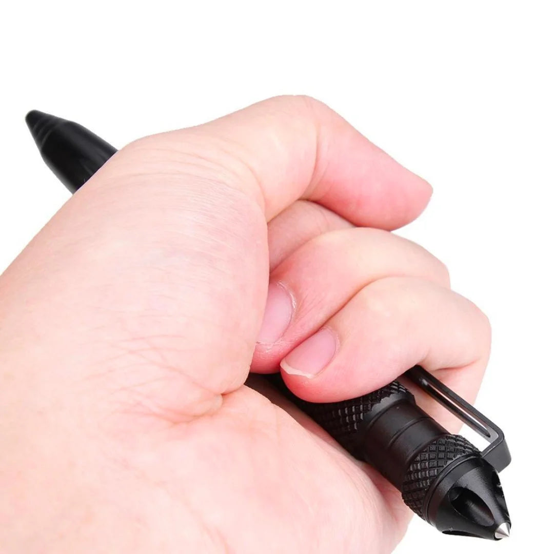 Close-up of the tactical pen’s glass breaker steel tip