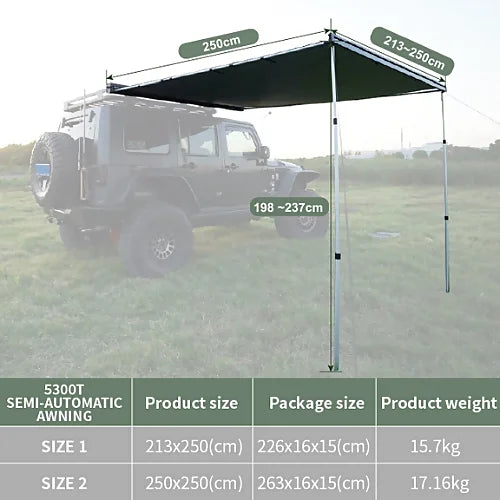 ReTract AO Awning dimension guide showing 2.5x2.5m coverage with adjustable height poles