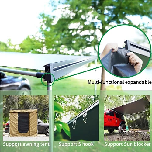 ReTract AO Auto Awning shown during expansion with detail on support pole and multi-functional bracket