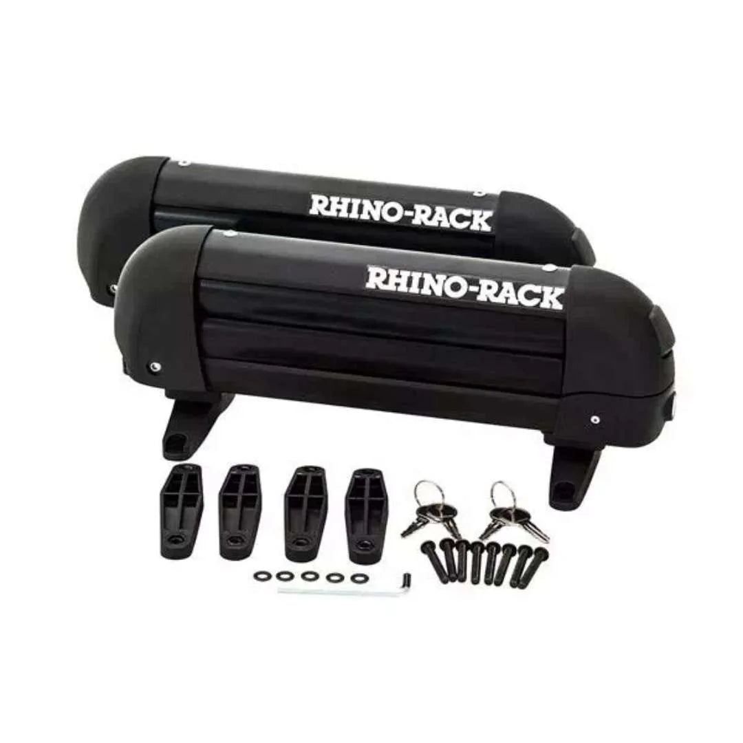 Side view of Rhino-Rack ski and snowboard carrier with all included mounting accessories shown.