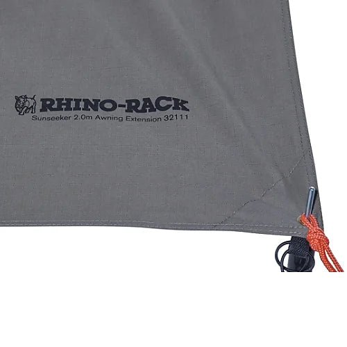 Close-up of Rhino-Rack Sunseeker 2.0m awning extension with logo detail