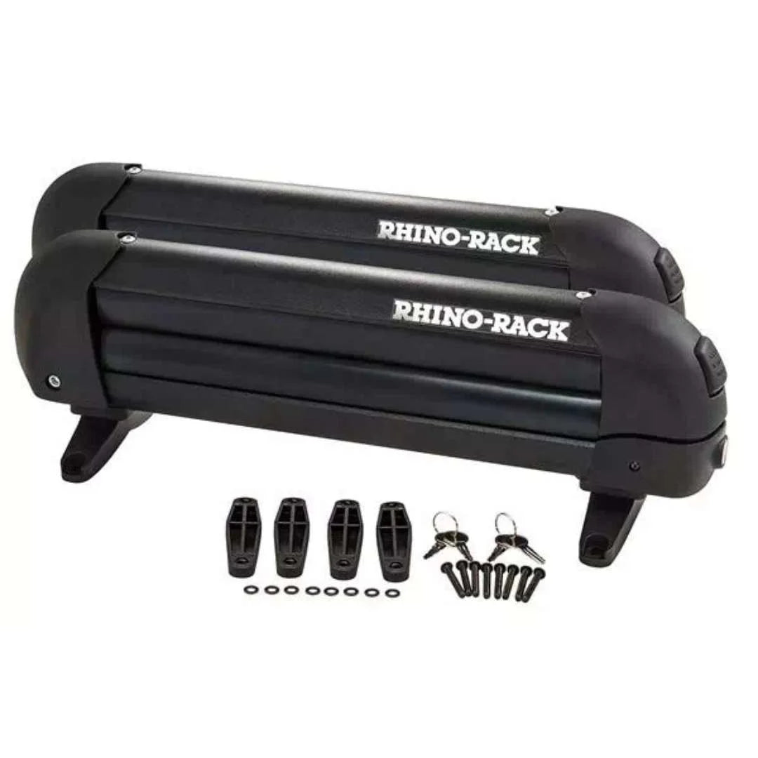 Rhino-Rack ski and snowboard carrier with complete mounting kit displayed.