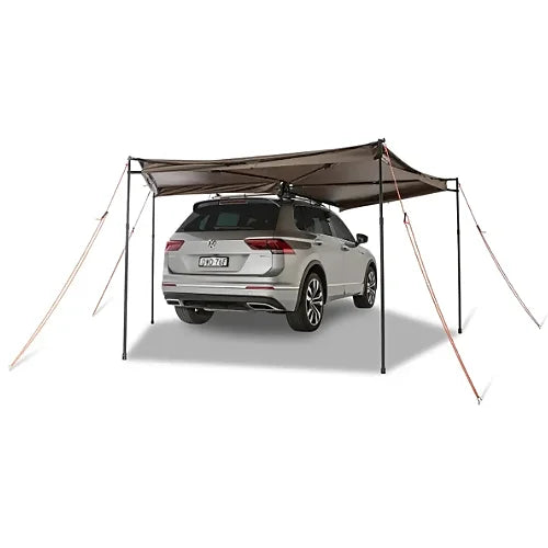 Rhino-Rack Batwing Compact Awning Right Side shown fully extended providing shade from the rear of the vehicle