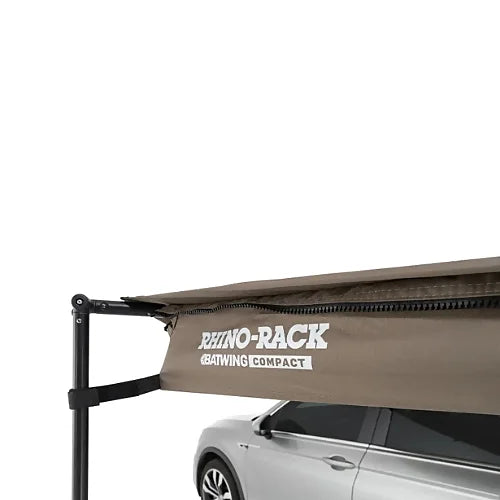Close-up of Rhino-Rack Batwing Compact Awning Right Side showing branded logo and heavy-duty zipper