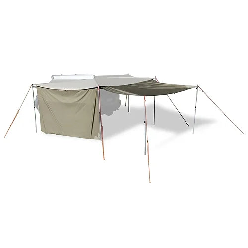 Rhino-Rack 2.5m awning extension angled setup showing extra shade over camping area