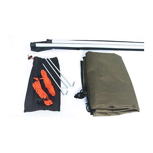 Rhino-Rack extension secured at an angle with poles and guy ropes