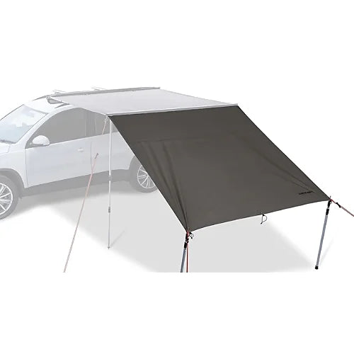 Close-up of telescopic poles used to support extended awning setup