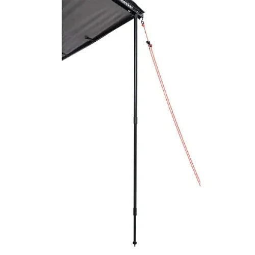 Close-up of telescopic vertical pole and tie-down securing awning