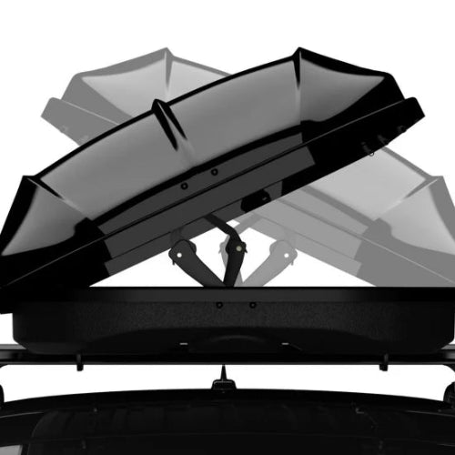 Roahtrip Titan XC213B roof cargo box showing dual-side opening design and hinge mechanism on roof rack