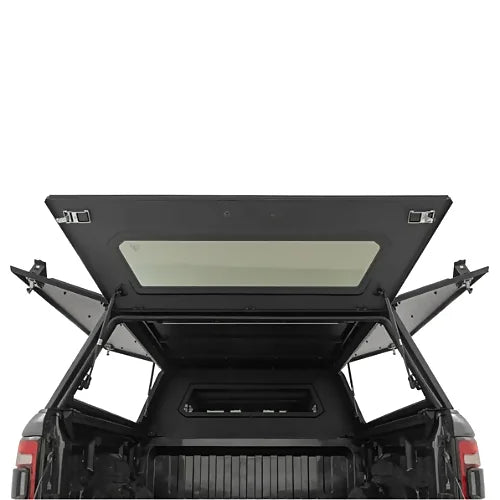Rear gullwing doors open on Rough Country modular truck bed canopy with secure lockable panels