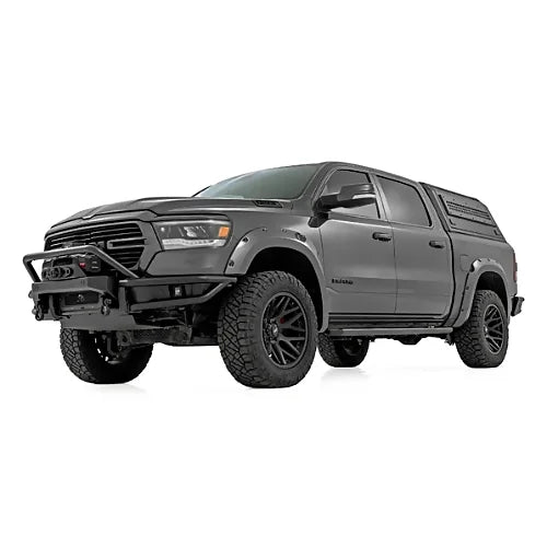 Front angle view of Rough Country modular truck canopy on Ram 1500 overland pickup