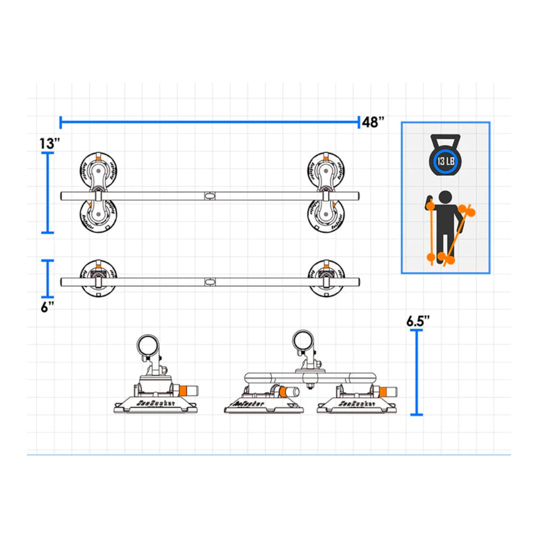 Technical diagram showing the dimensions and layout of the SeaSucker Monkey Bars system.