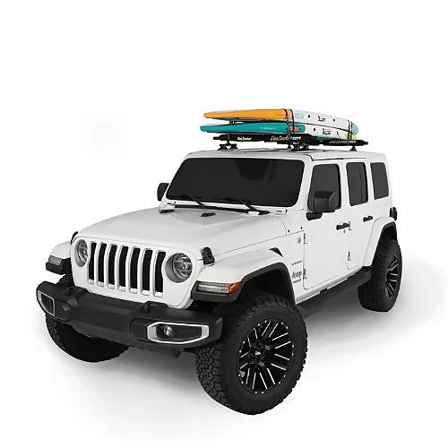 White Jeep with SeaSucker Ridge Ready Monkey Bars carrying surfboards on rooftop rack