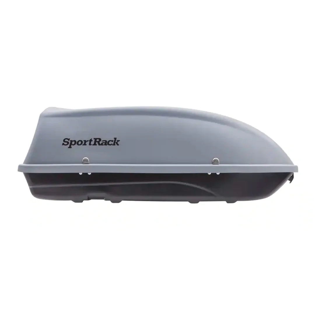 SportRack Explorer rooftop cargo box shown in side profile, gray color with logo.