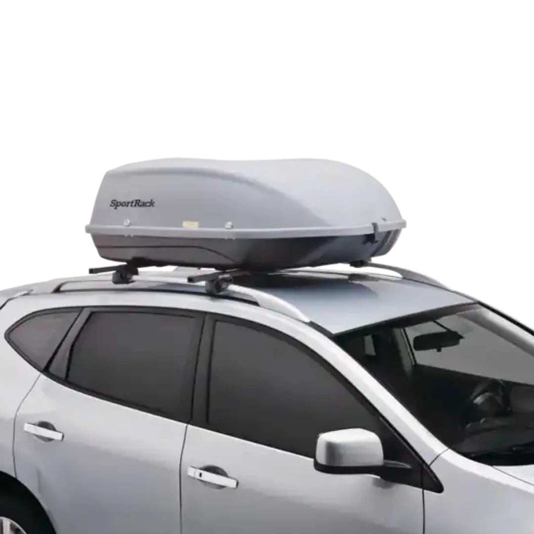 SportRack Explorer cargo box installed on a silver car roof, ready for travel.