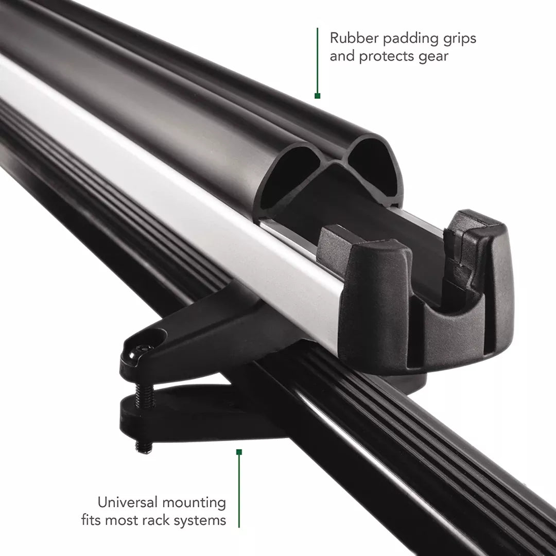 Close-up of the open ski/snowboard carrier mounted on crossbars with labels.